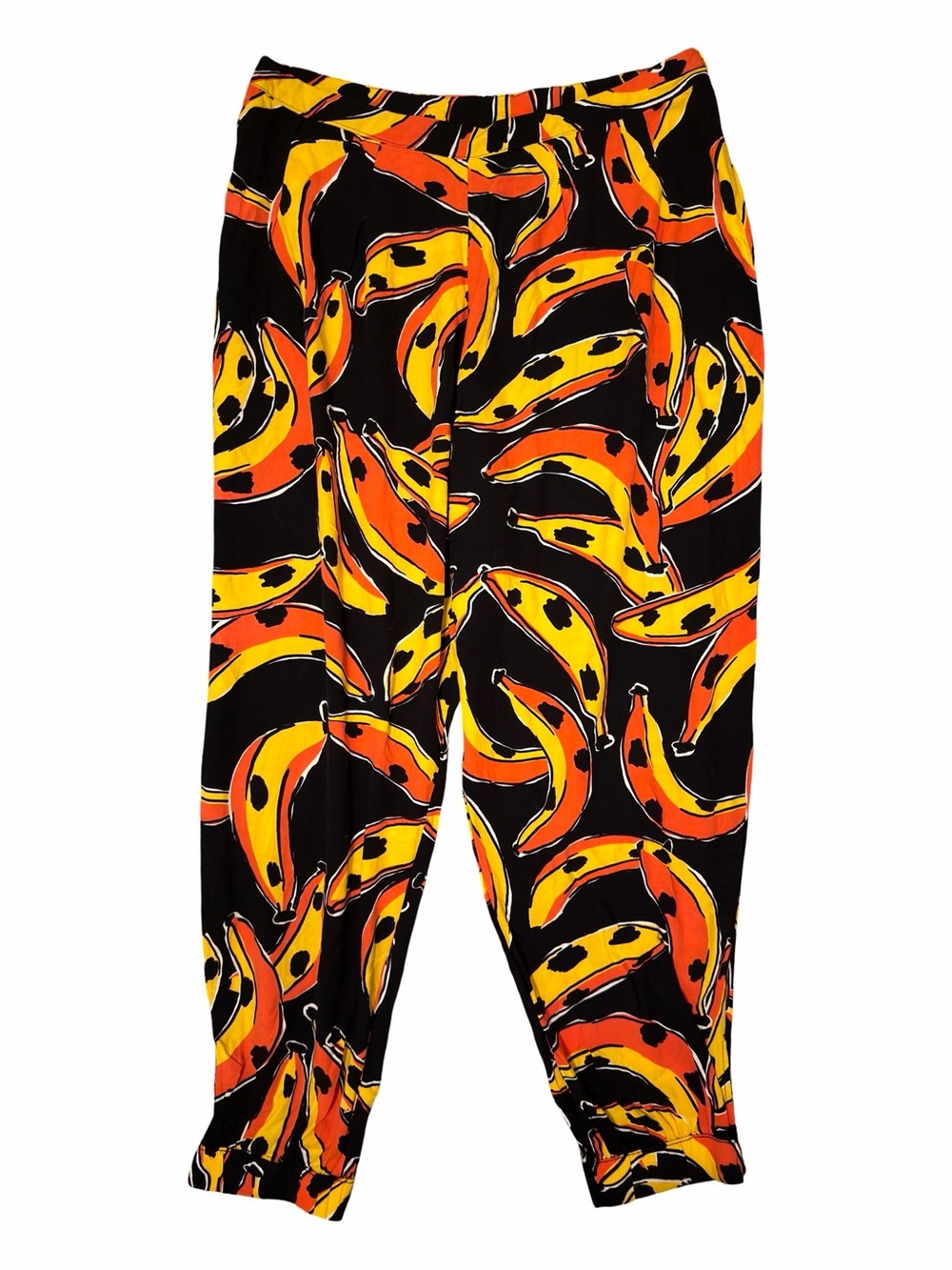 Wide Leg Black Banana Print Pants in Yellow & Orange